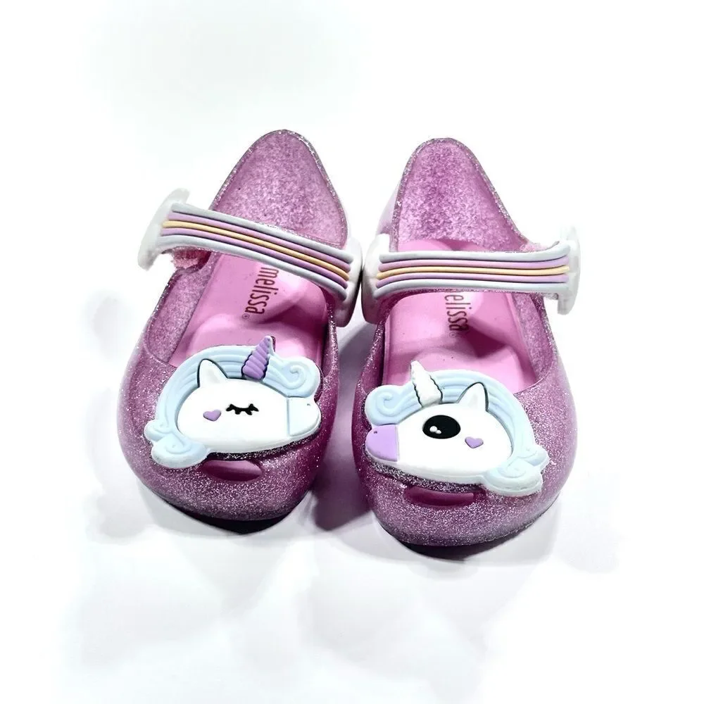 Mini Melissa pink glitter unicorn Mary Jane jelly shoes 6